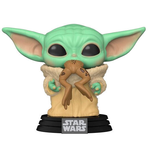 Vue rapprochée de la figurine Funko POP The Child avec grenouille, détail et couleurs vives