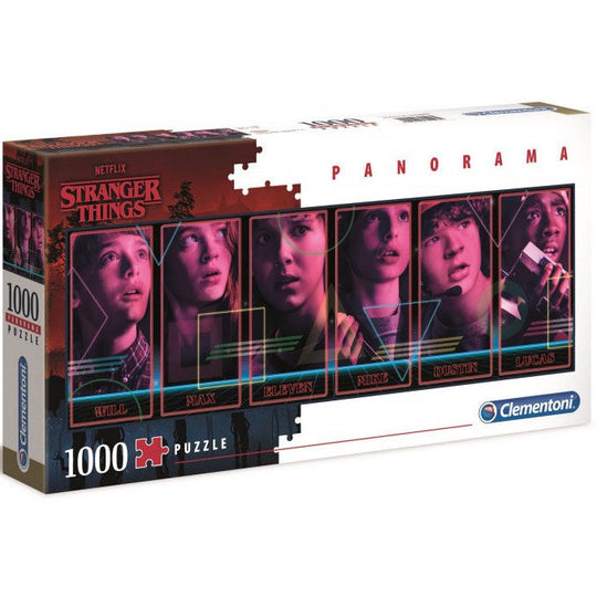 Puzzle panoramique Stranger Things 1000 pièces par CLEMENTONI, dimensions 98x33 cm, présenté dans sa boîte.