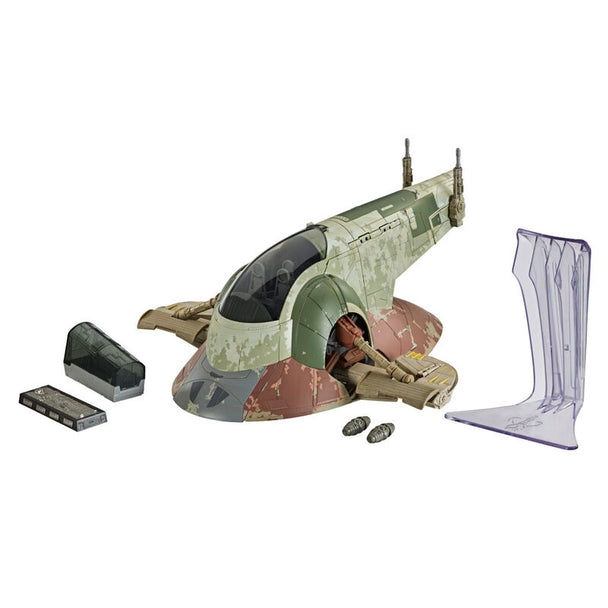 Réplique détaillée du vaisseau Slave 1 de Boba Fett de la collection Star Wars Vintage HASBRO, vue de face avec ses couleurs emblématiques