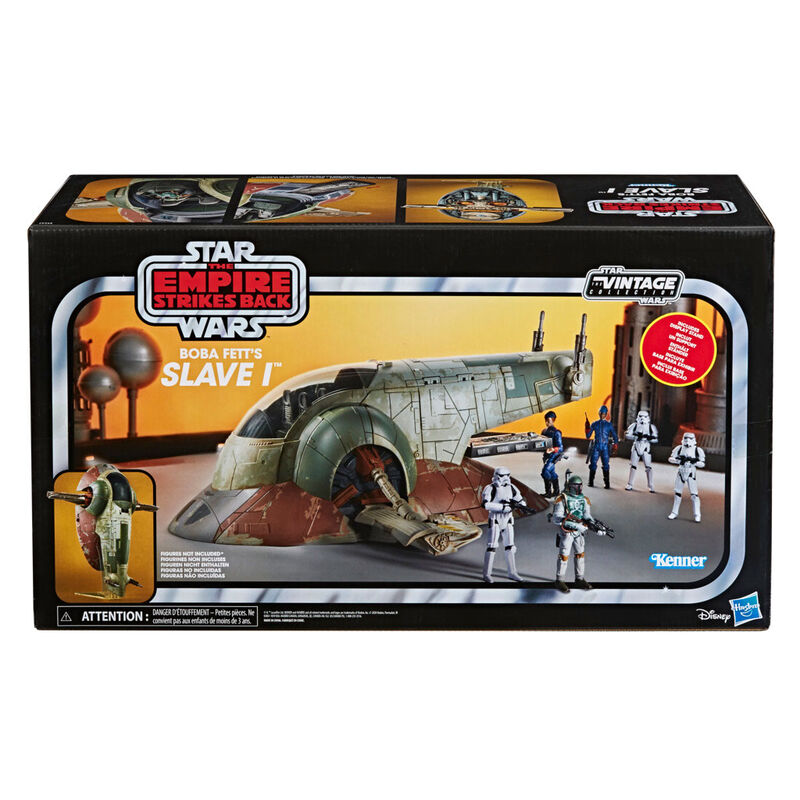 Vue latérale de la réplique Slave 1 Boba Fett Star Wars Vintage Collection par HASBRO, mettant en valeur ses détails et finitions précises