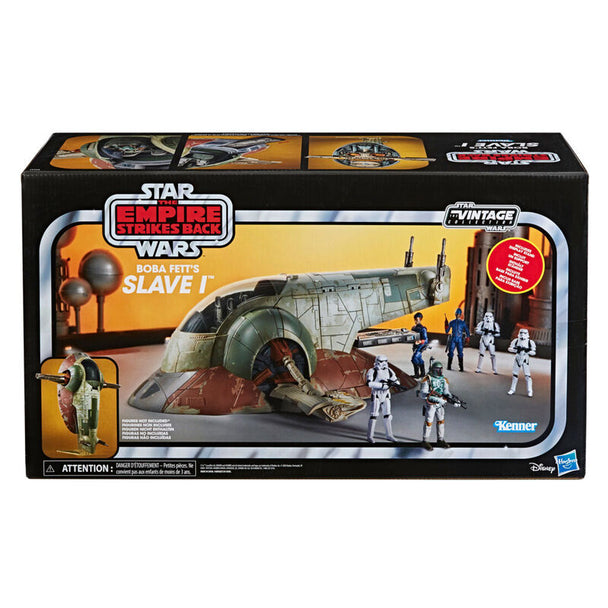 Vue latérale de la réplique Slave 1 Boba Fett Star Wars Vintage Collection par HASBRO, mettant en valeur ses détails et finitions précises
