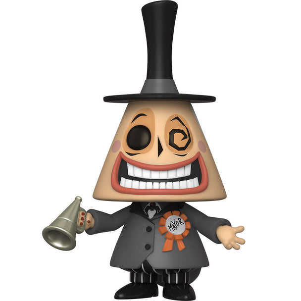 Figurine Funko POP du Mayor de L'Étrange Noël de Monsieur Jack tenant un mégaphone, présentée dans sa boîte vitrine transparente