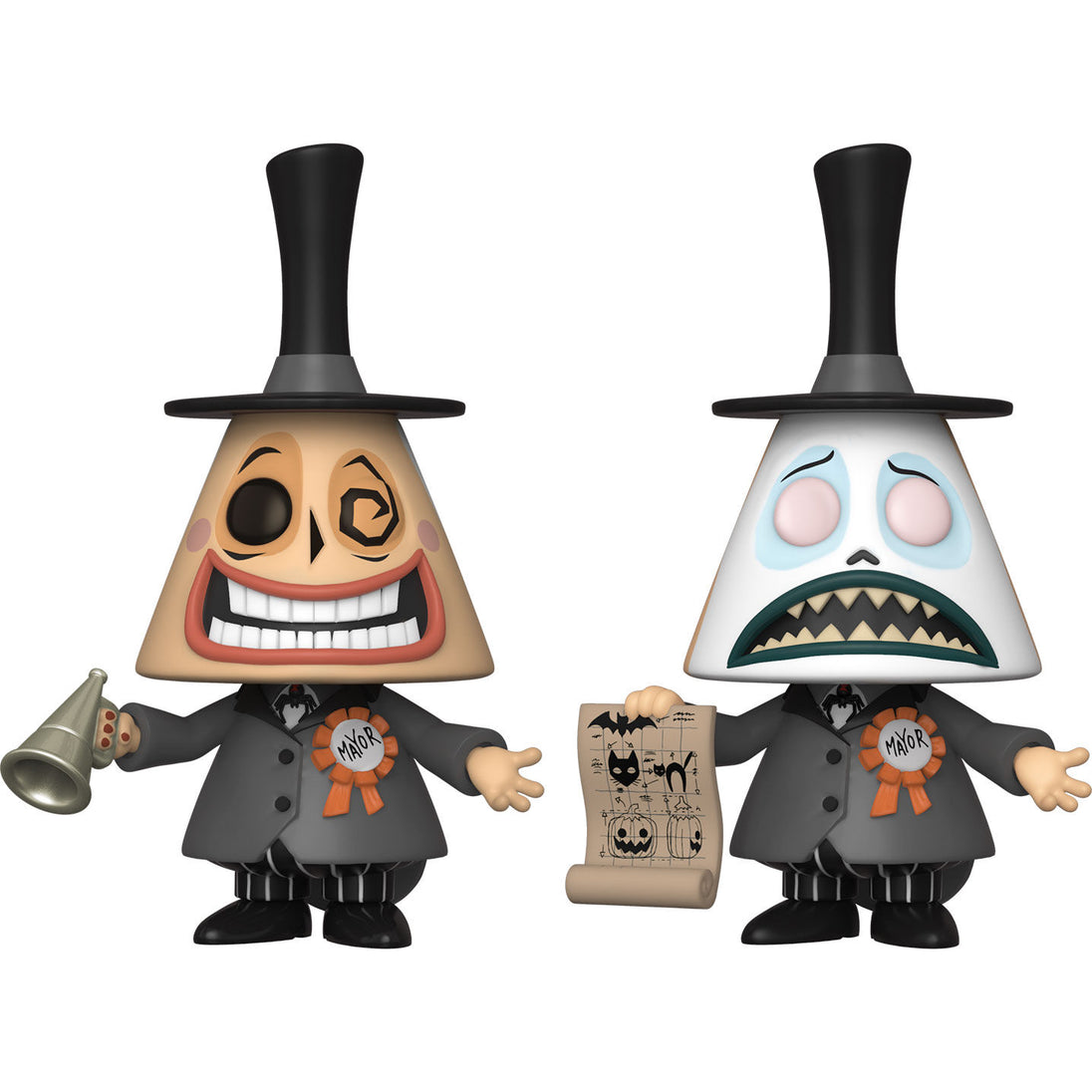 Figurine Funko POP du Mayor de Nightmare Before Christmas tenant un mégaphone, vue avant dans sa boîte fenêtre.