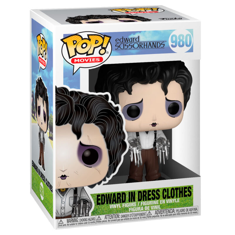 Détail de la figurine Funko POP Edward aux mains d'argent montrant ses ciseaux caractéristiques et son costume soigné