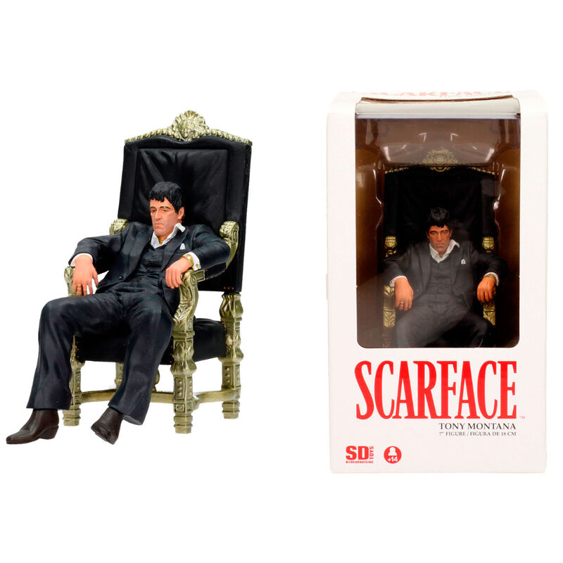 Figurine Tony Montana Scarface posée sur un socle, exposée avec un éclairage mettant en avant les détails