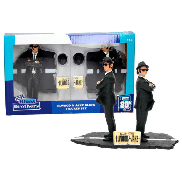 Figurines Blues Brothers Jake et Elwood de 18cm avec accessoires, présentées sur fond blanc par SD TOYS.