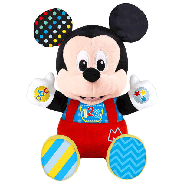 Peluche Bébé Mickey Disney CLEMENTONI interactive vue de face avec boutons sur les mains et le ventre