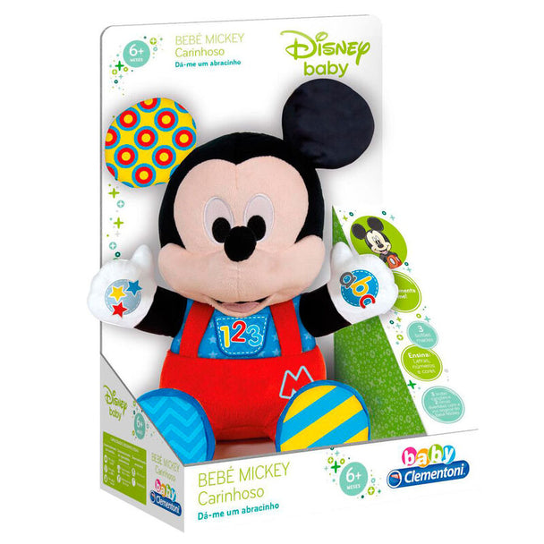 Détail de la peluche Bébé Mickey Disney CLEMENTONI montrant la texture douce et les boutons interactifs