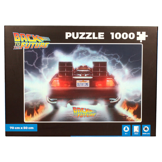 Puzzle 1000 pièces Back to the Future avec la Delorean en pleine action, dimensions 70x50cm