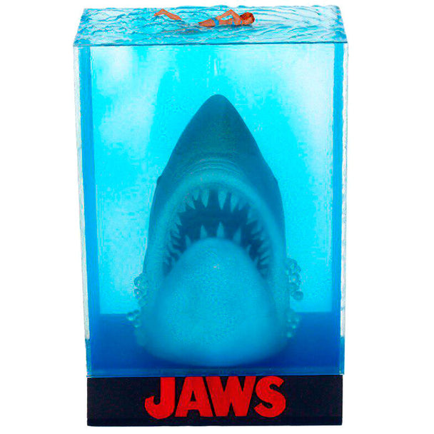 Figurine 3D Jaws de 25cm encadrée dans une urne en méthacrylate bleu, vue de face.