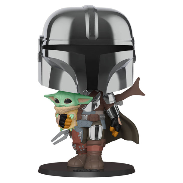 Figurine Funko POP Mandalorian tenant l'Enfant Yoda, 25 cm, dans une boîte vitrine transparente