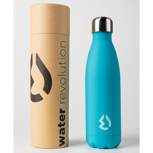 Détail du logo WATER REVOLUTION sur la bouteille isotherme turquoise 500ml