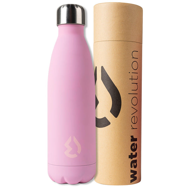 Gourde isotherme rose WATER REVOLUTION de 500ml en acier inoxydable, vue de face avec bouchon fermé