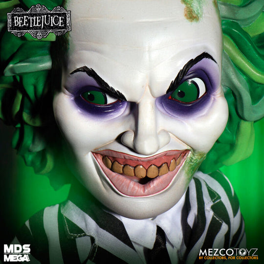 Vue latérale montrant les 11 points d'articulation de la figurine Beetlejuice Mega Scale.