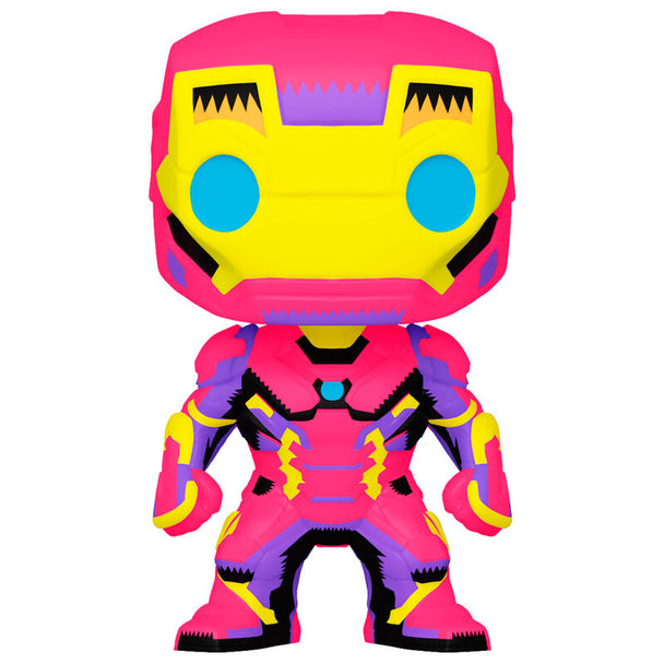 Vue avant de la figurine Funko POP Iron Man Black Light Exclusive Marvel en vinyle de 9 cm dans sa boîte fenêtre