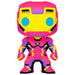 Vue avant de la figurine Funko POP Iron Man Black Light Exclusive Marvel en vinyle de 9 cm dans sa boîte fenêtre