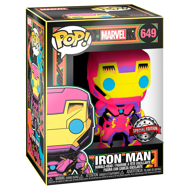 Détail du visage et du costume lumineux de la figurine Funko POP Iron Man Black Light Exclusive Marvel