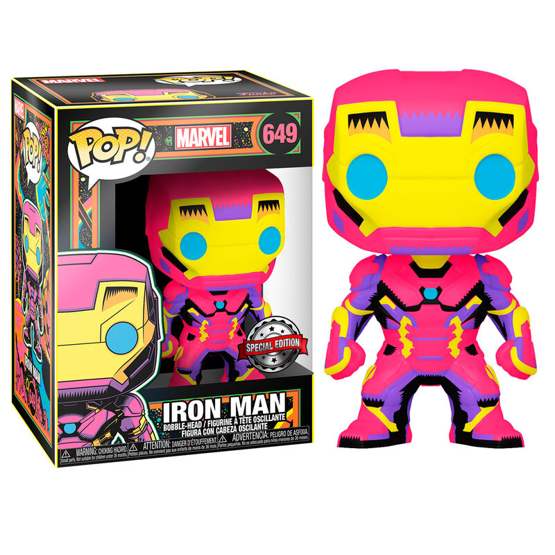 Boîte fenêtre de la figurine Funko POP Iron Man Black Light Exclusive Marvel avec logo et design exclusif