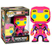 Boîte fenêtre de la figurine Funko POP Iron Man Black Light Exclusive Marvel avec logo et design exclusif
