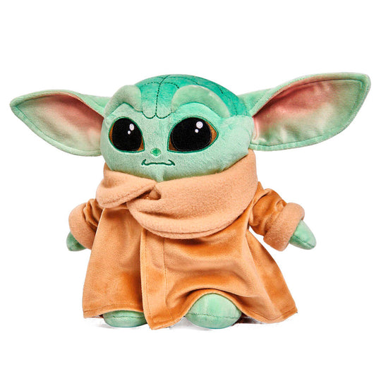 Peluche Bébé Yoda Mandalorian Star Wars de 25cm en tissu doux, vue de face avec détails des yeux et des oreilles.