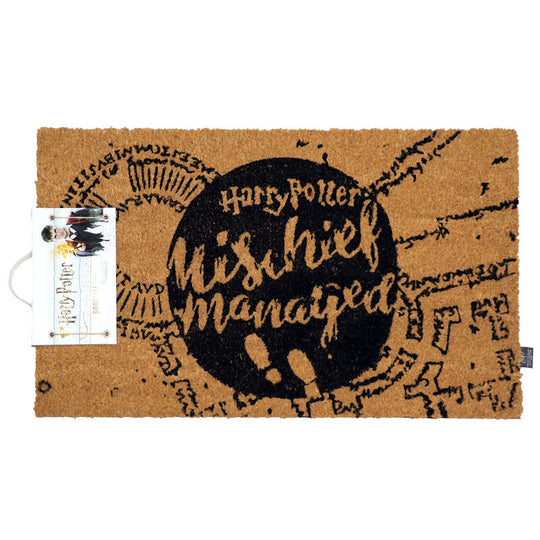 Paillasson Harry Potter Mischief Managed en fibre de coco naturelle avec inscription noire, dimensions 60x40cm, base antidérapante en PVC.