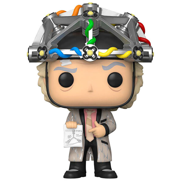 Vue rapprochée de la figurine Doc Brown avec casque montrant les détails précis du visage et des accessoires Funko POP