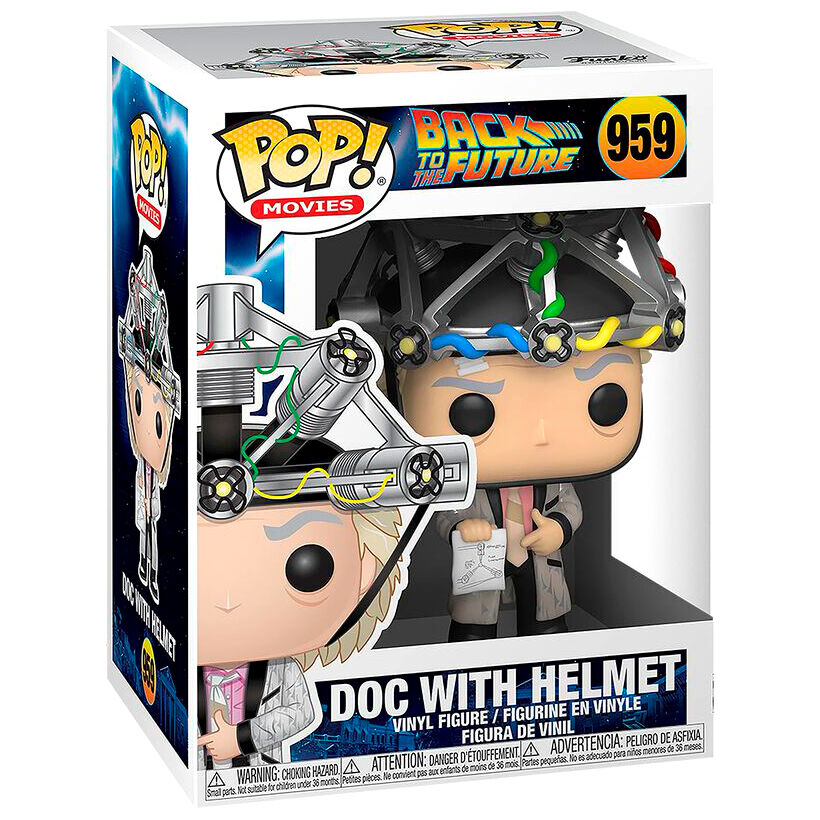 Emballage original Funko POP de la figurine Doc Brown avec casque, prêt à être offert aux fans de Retour vers le Futur