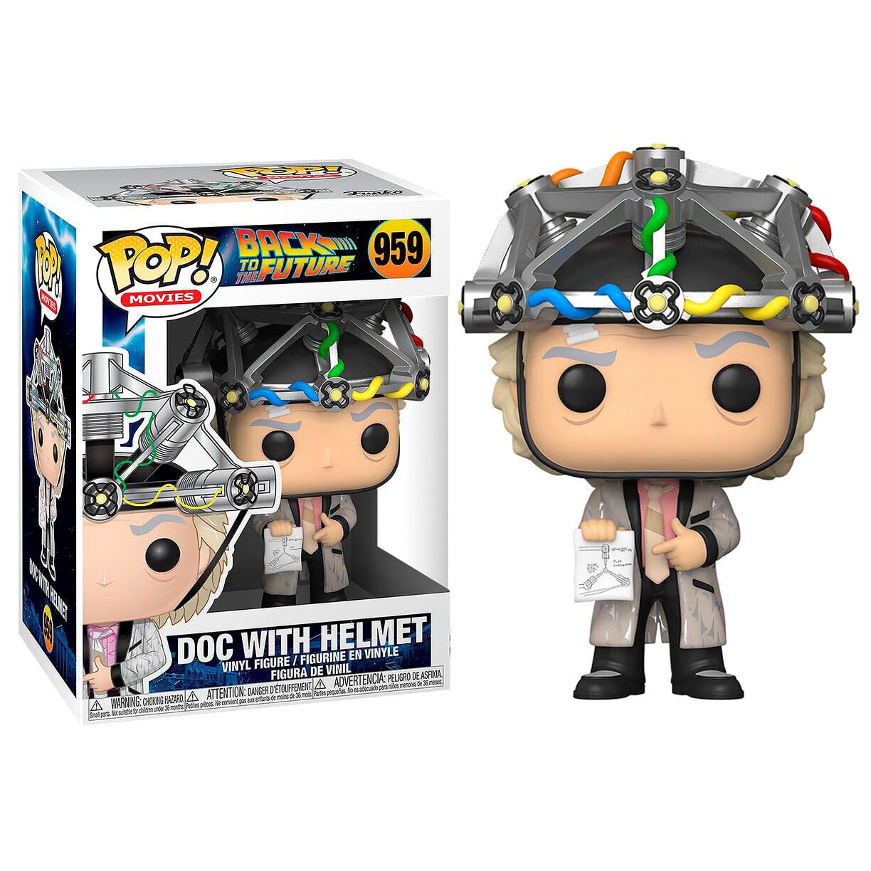 Figurine Funko POP de Doc Brown avec casque en vinyle mesurant 9 cm dans sa boîte vitrine transparente
