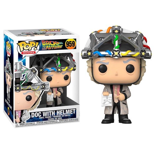 Figurine Funko POP de Doc Brown avec casque en vinyle mesurant 9 cm dans sa boîte vitrine transparente