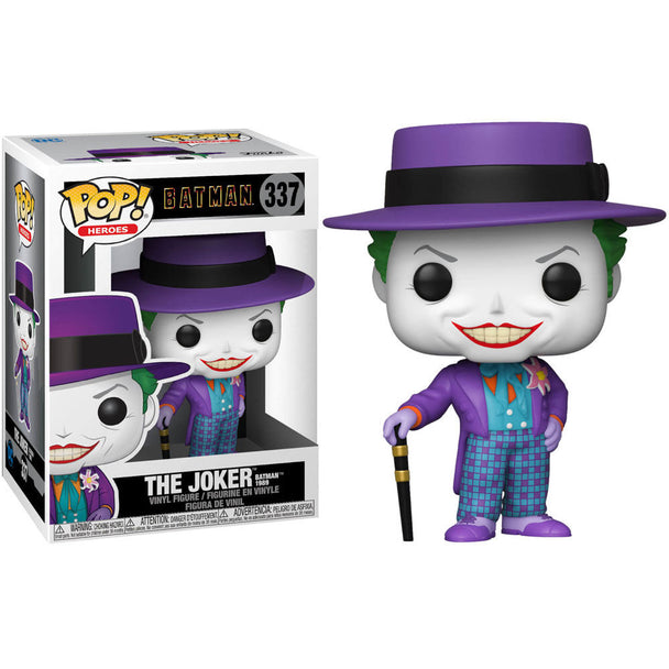 Figurine Funko POP Joker avec chapeau issue du film Batman 1989, en vinyle de 9 cm dans sa boîte vitrine