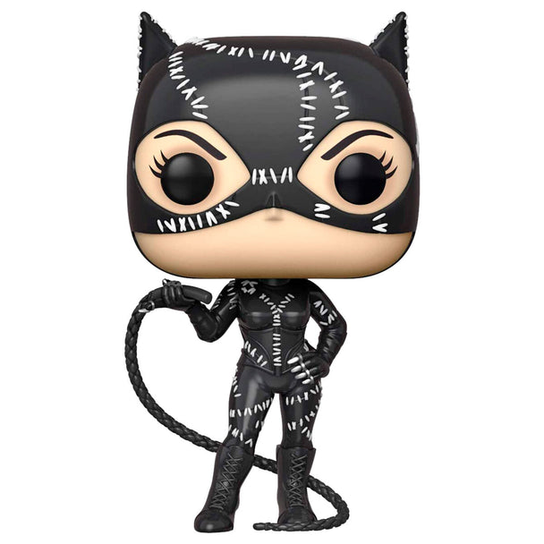 Vue rapprochée de la figurine Funko POP Catwoman avec détails du costume noir et masque