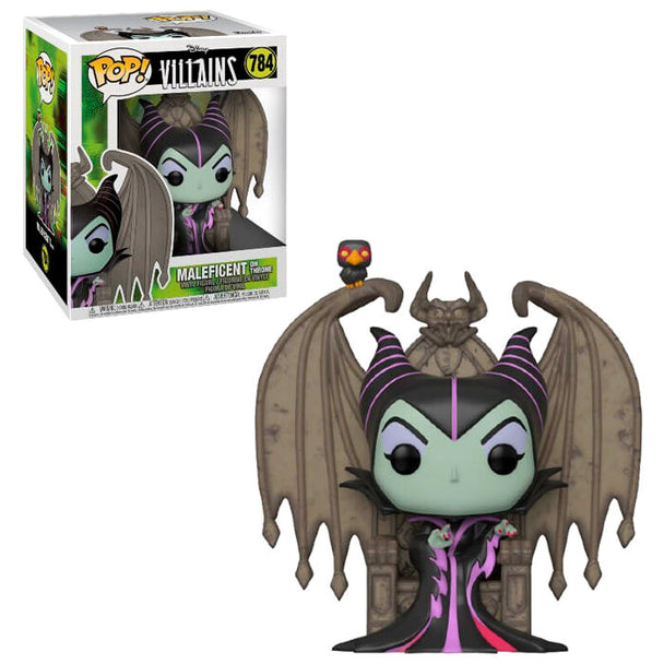 Figurine POP FUNKO de Maléfique de Disney assise sur son trône noir détaillé, vue de face.