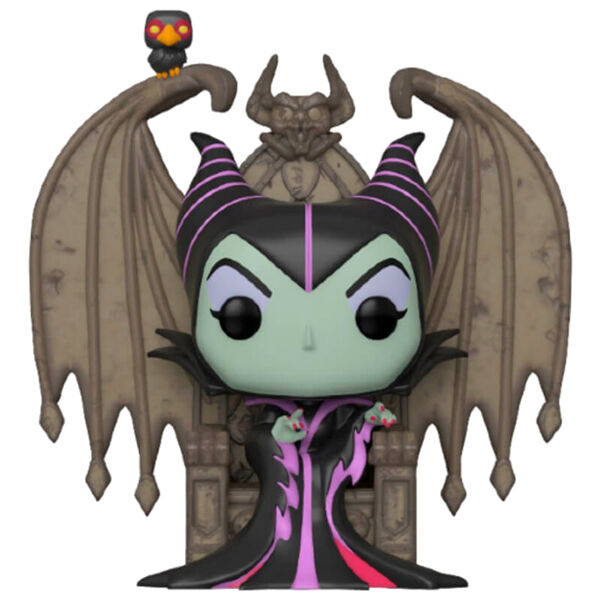 Vue latérale de la figurine POP FUNKO Maléfique avec son trône, mettant en avant les détails du costume et du siège.