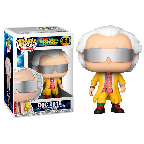 Figurine Funko POP Doc 2015 de Retour vers le Futur vue de face dans sa boîte vitrine transparente de 9 cm