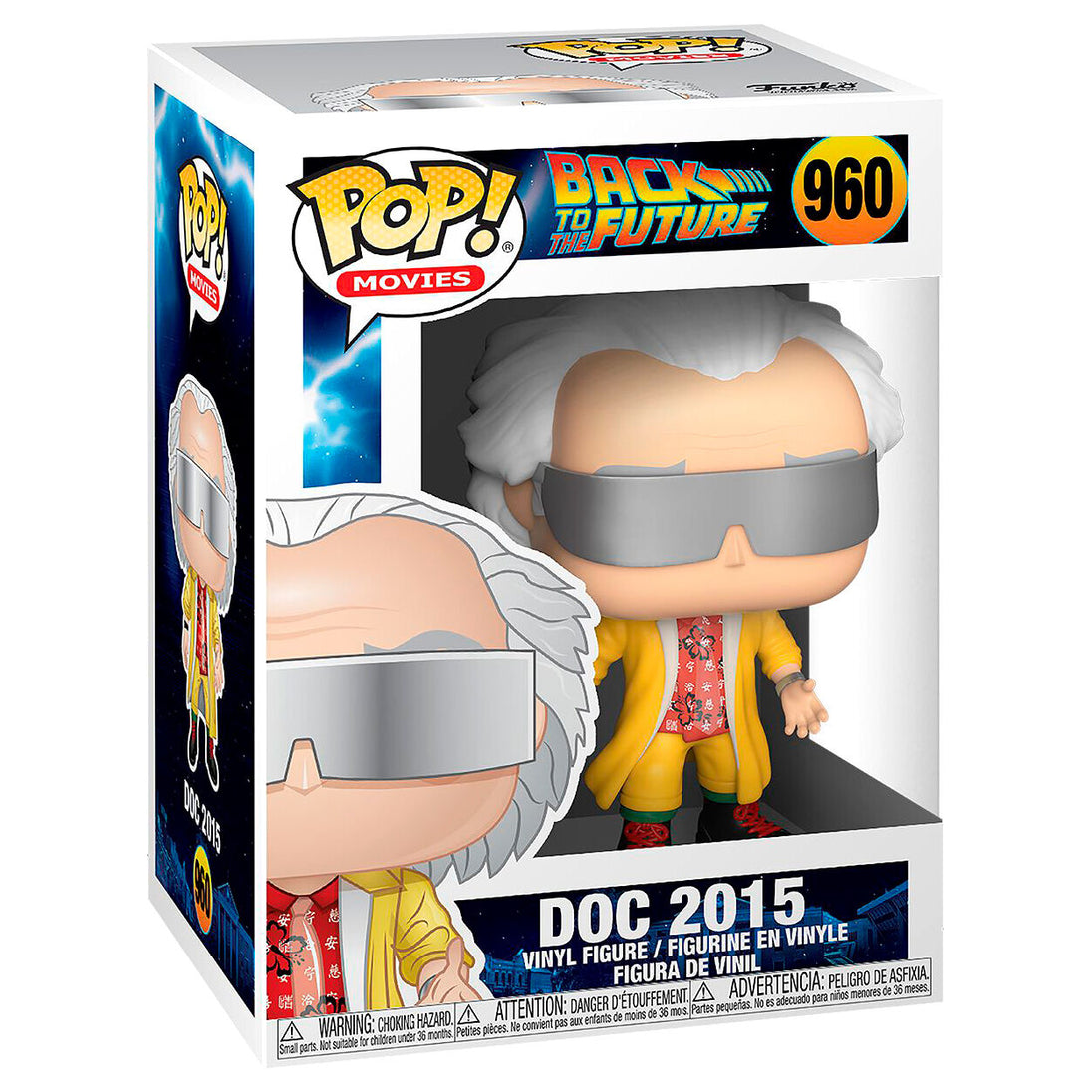 Vue arrière de la boîte vitrine de la figurine Funko POP Doc 2015 avec logos et illustrations du film Retour vers le Futur