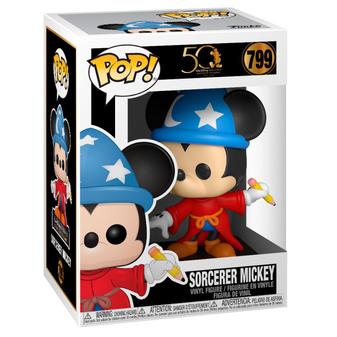 Vue latérale de la figurine Funko POP Mickey Sorcier dans sa boîte collector 50e anniversaire