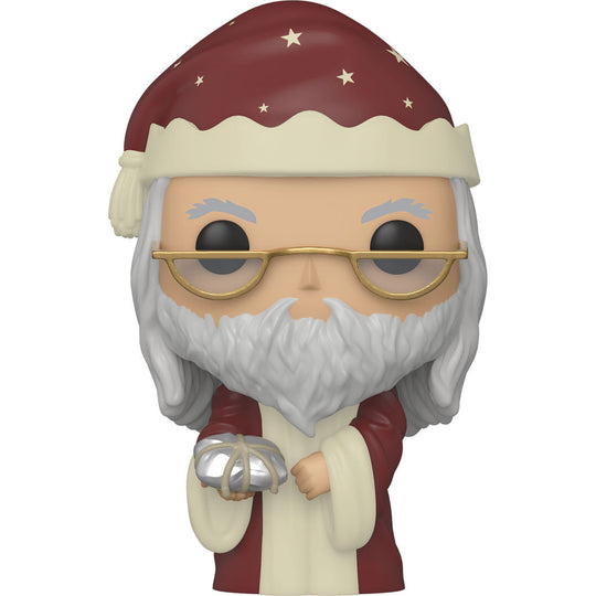 Vue rapprochée de la figurine Funko POP Dumbledore édition Holiday avec détails de la tenue festive