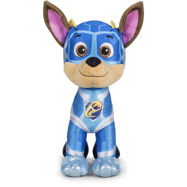 Peluche Chase Pat'Patrouille de 27 cm en position assise, douce et colorée, parfaite pour les enfants fans des Super Paws Mighty Pups.