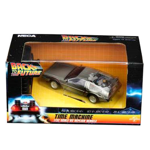 Vue de face de la voiture radiocommandée Back to the Future Time Machine NECA 13cm sur fond blanc