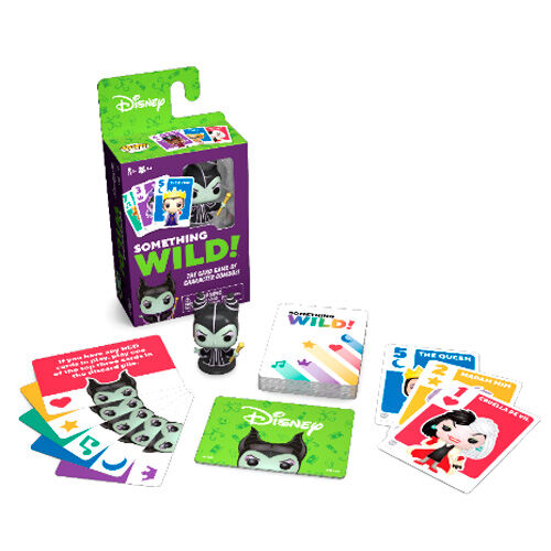 Boîte du jeu de cartes Disney Villanas Something Wild par Funko avec illustrations colorées des méchantes Disney en allemand, espagnol et italien