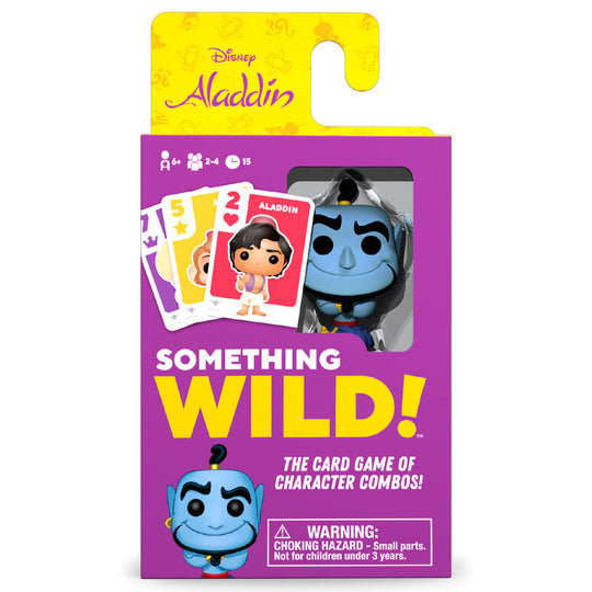 Cartes du jeu Something Wild Disney Aladdin montrant des personnages emblématiques et instructions multilingues.
