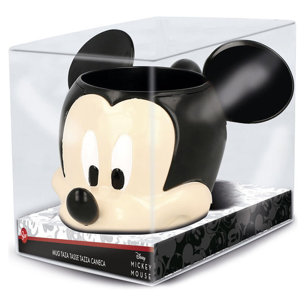Mug 3D en céramique représentant la tête de Mickey Disney avec une capacité de 360ml, présenté dans sa boîte cadeau.