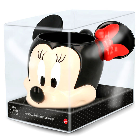 Mug Disney Minnie 3D en céramique blanche avec nœud rouge, capacité 360ml, présenté dans sa boîte cadeau STOR.