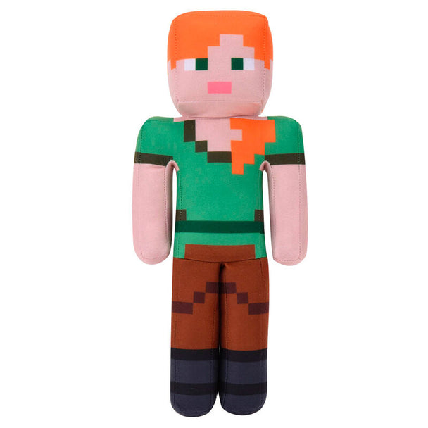 Peluche Minecraft Alex de 35cm signée PLAY BY PLAY, vue de face avec détails pixelisés typiques du jeu.