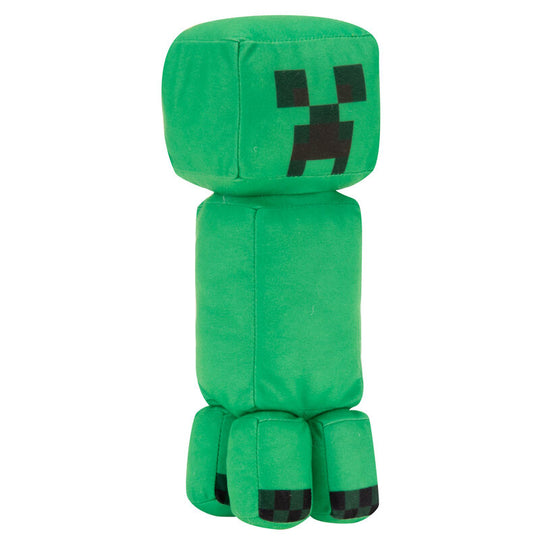 Peluche Minecraft Creeper verte de 32cm en position debout, vue de face, texture douce et détails pixelisés fidèles au jeu.