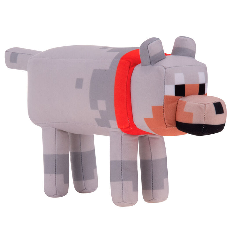 Peluche Minecraft Loup Apprivoisé PLAY BY PLAY de 29 cm vue de face sur fond blanc, détaillant sa texture douce et ses couleurs fidèles au jeu.