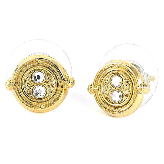 Photo des boucles d'oreilles Time Turner portées, mettant en valeur leur taille et éclat doré