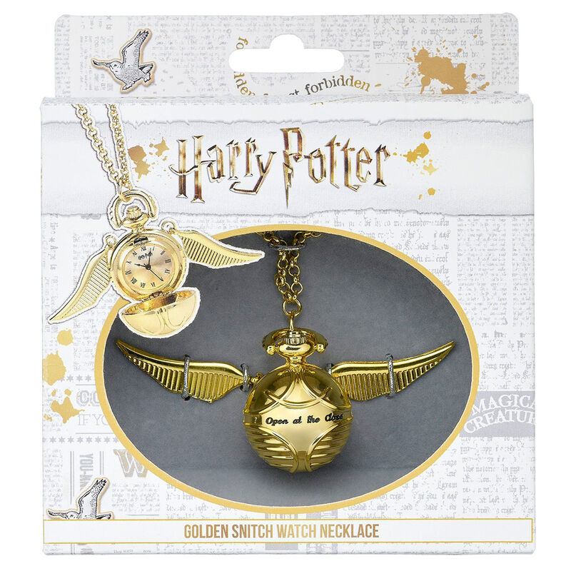 Montre collier Harry Potter Golden Snitch vue de face avec détails dorés et chaîne fine