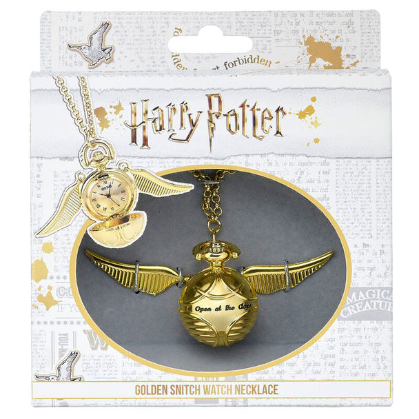 Montre collier Harry Potter Golden Snitch vue de face avec détails dorés et chaîne fine