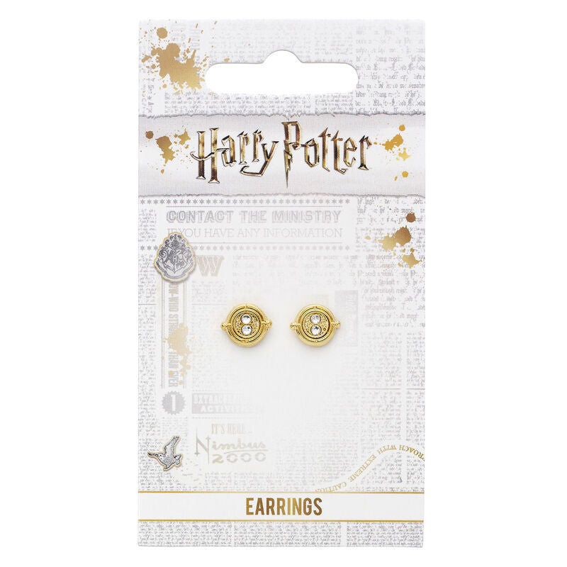 Boîte d'emballage élégante contenant les boucles d'oreilles Harry Potter Time Turner plaqué or